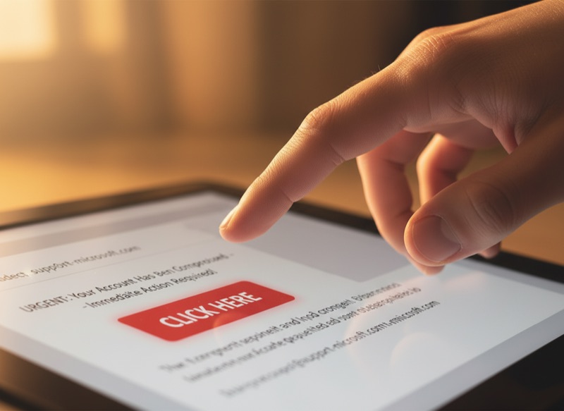A hand hovering a computer mouse over the CLICK HERE button of a simulated phishing email