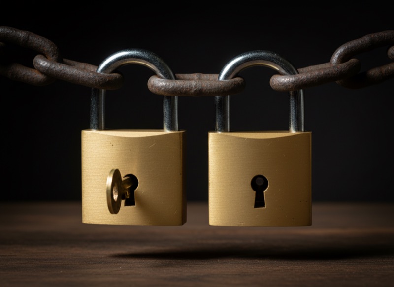 Two identical brass padlocks side by side on a single iron chain link, only one keyed