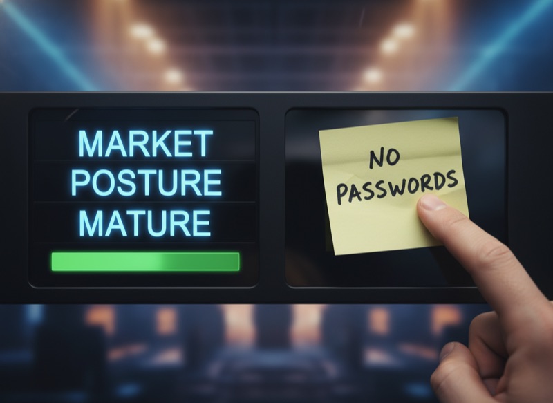 A digital scoreboard whose left panel glows with the word MATURE in green LEDs, beside a dark reflective panel where a yellow Post-it note reading NO PASSWORDS is being pressed by a single finger