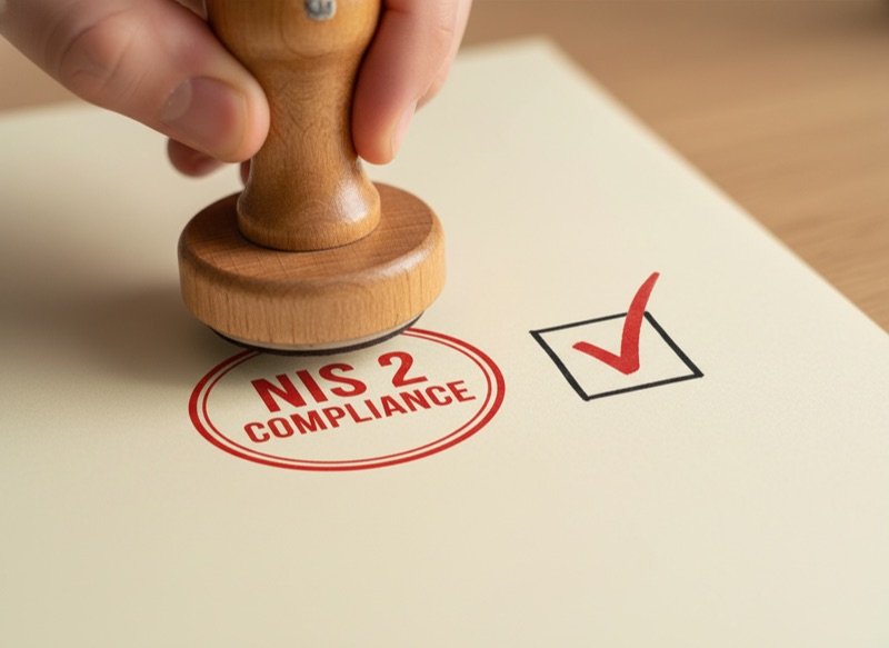 A wooden rubber stamp pressed onto paper leaving a fresh red NIS 2 COMPLIANCE imprint, with a hand-stamped red checkmark inside a hand-drawn black box beside it