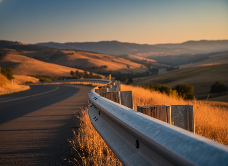 A guardrail along an open road, signalling structure that enables forward motion