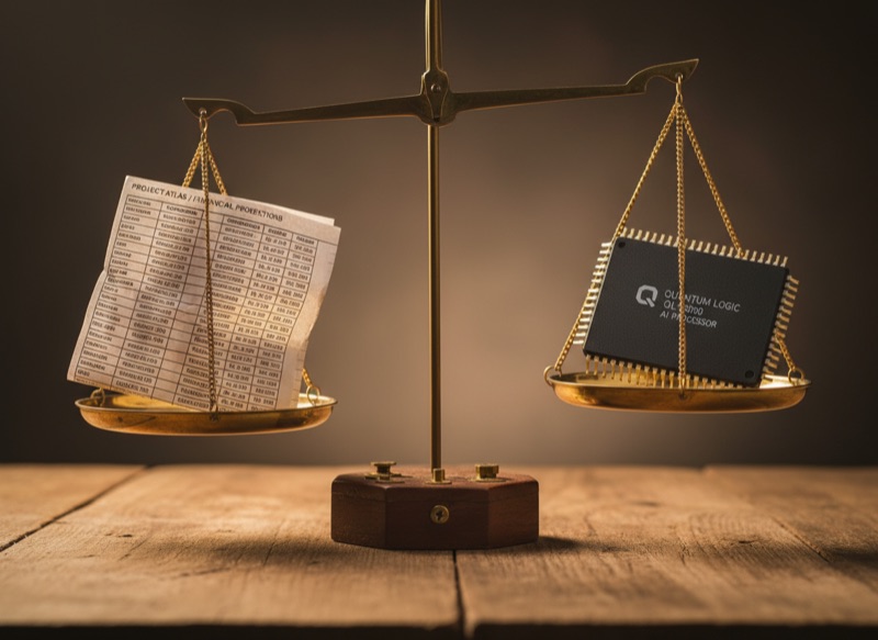 A balance scale weighing a printed spreadsheet against a silicon chip, signalling human verification of AI output
