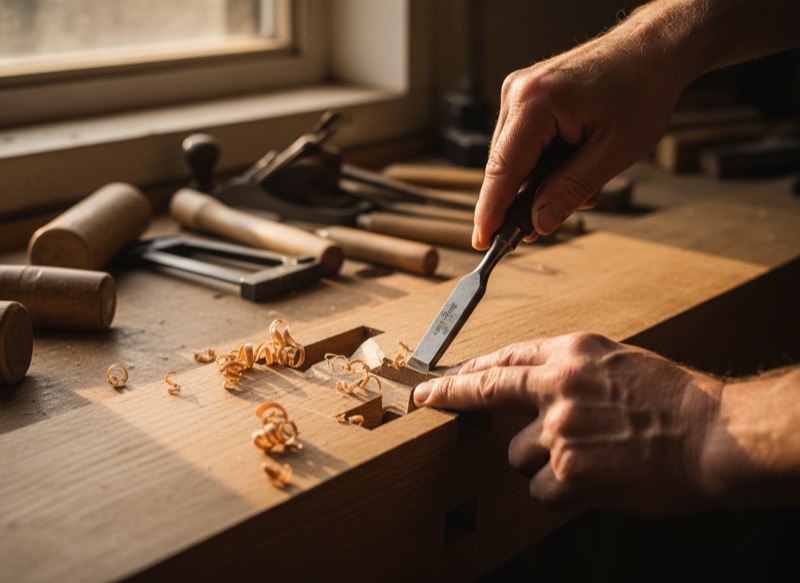 A craftsman shaping a wooden joint by hand, signalling in-house build over vendor lock-in