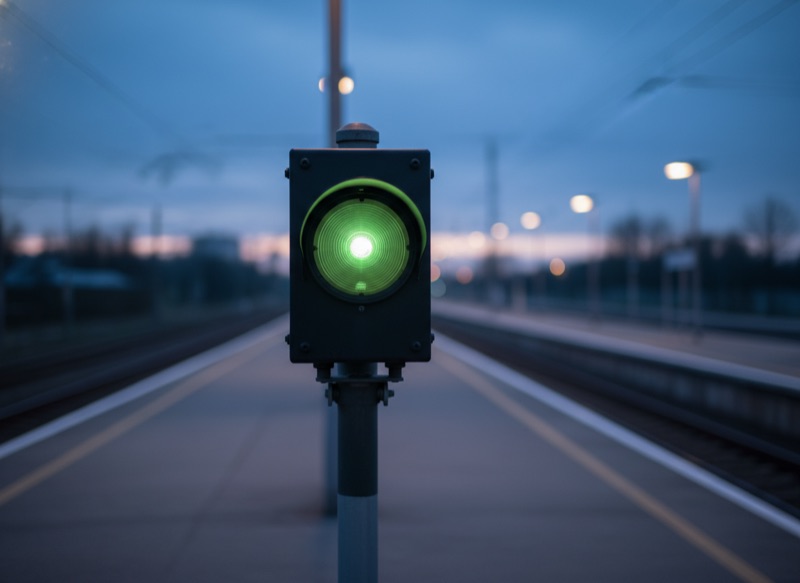 A green railway signal glowing at dusk, signalling a service running quietly to schedule