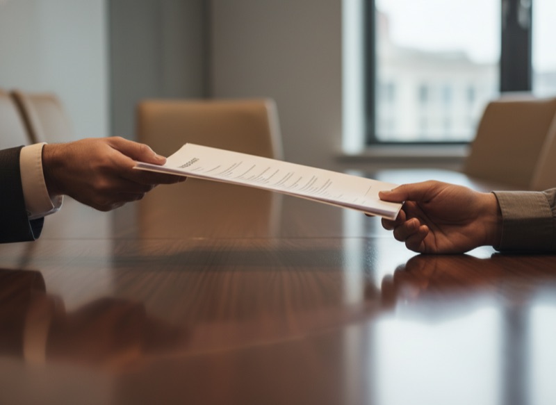 Two pairs of hands across a boardroom table exchanging a printed contract, signalling the rate-negotiation moment