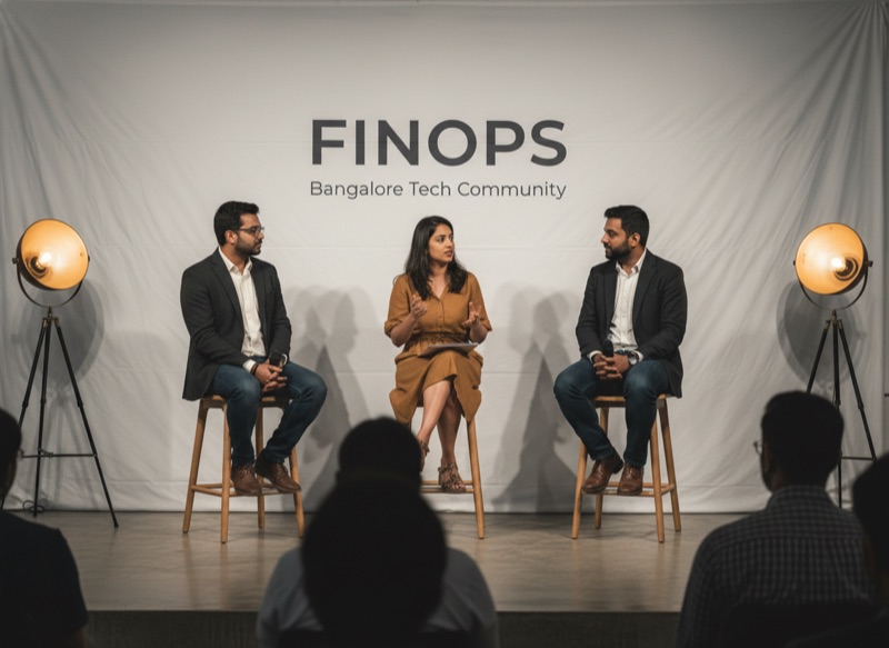 Panel discussion at an Indian community meetup with a FinOps backdrop, signalling outbound talent flow