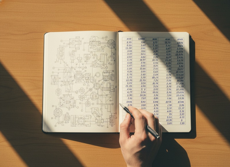 A leather notebook split between hand-drawn engineering wireframes and finance figures, resting on a polished wooden desk.
