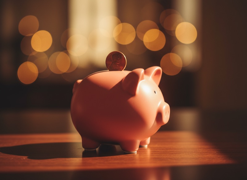 A matte coral ceramic piggy bank on polished dark wood, a single coin balanced on top in warm directional light.