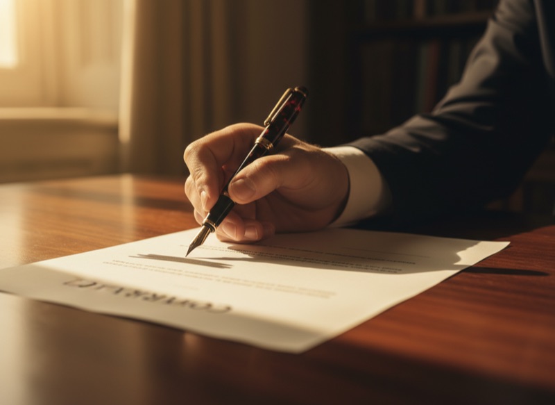 A fountain pen poised above a thick paper contract on polished mahogany, with one visible strikethrough mark on the page.