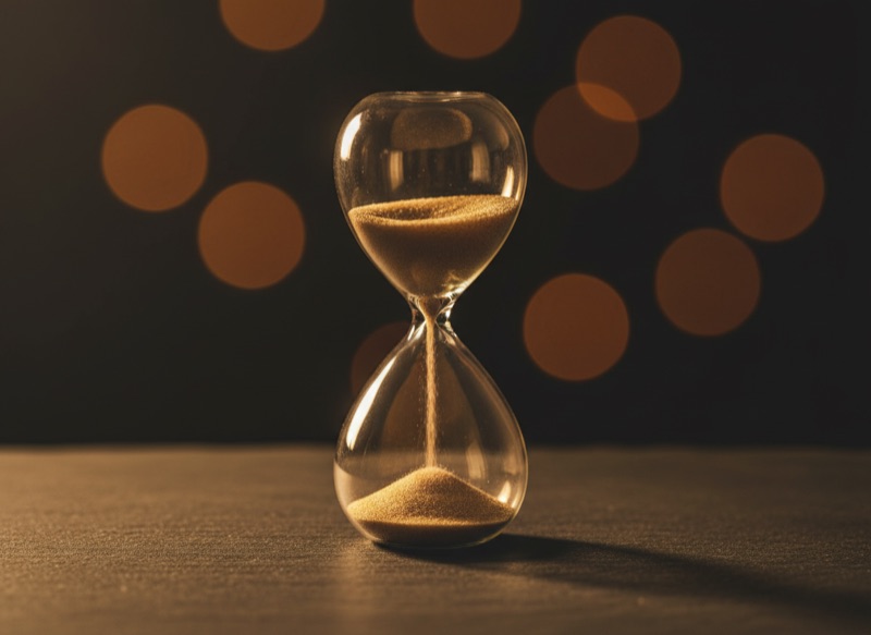 A vintage glass hourglass on dark slate, sand running rapidly through the narrow centre, lit by warm side light.