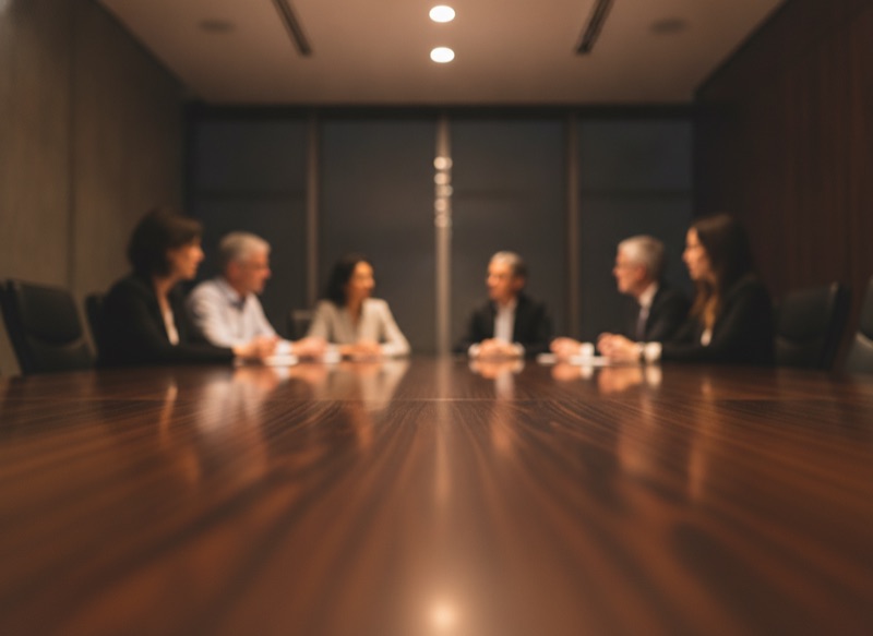 A boardroom of colleagues in conversation, seen across the table