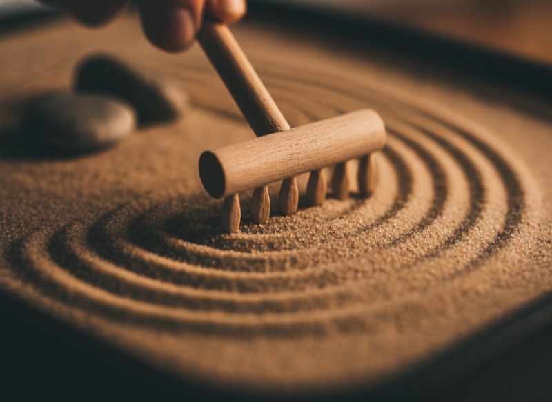 A wooden rake drawing fresh lines through raked sand
