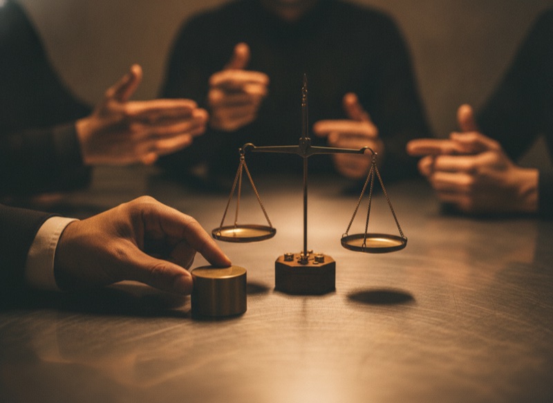 A hand setting a brass counterweight beside a balance scale